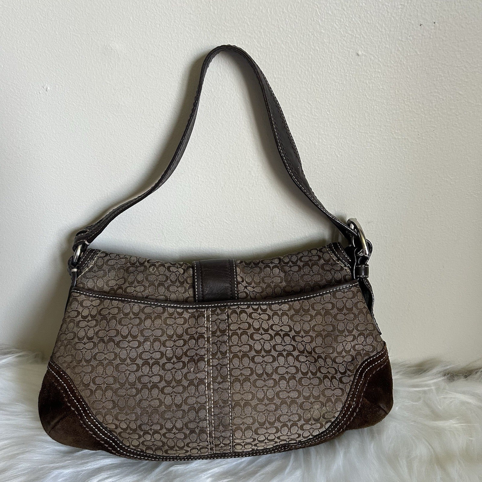 Coach Large Soho Brown Suede Leather Signature Canvas Shoulder Bag