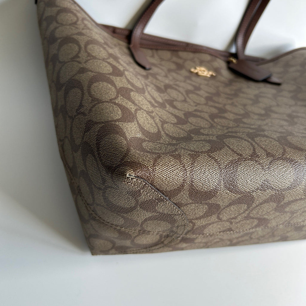Coach City Tote Brown Signature Coated Canvas Leather Bag C2496 Good