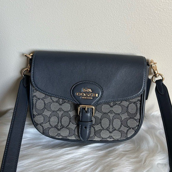 Coach Amelia Saddle Bag Navy Signature Canvas Leather Crossbody C3593 Excellent