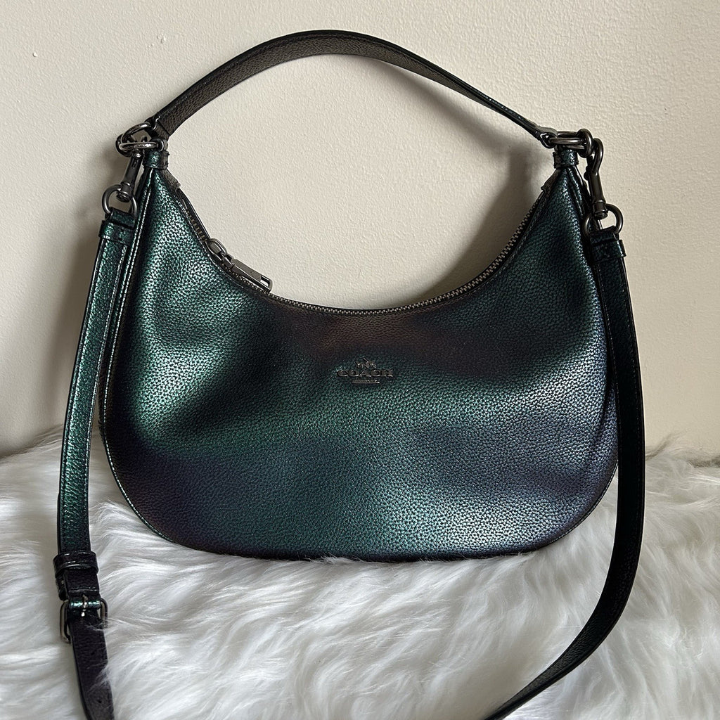 Coach Harley Iridescent Green Purple Pebbled Leather Shoulder Bag Excellent