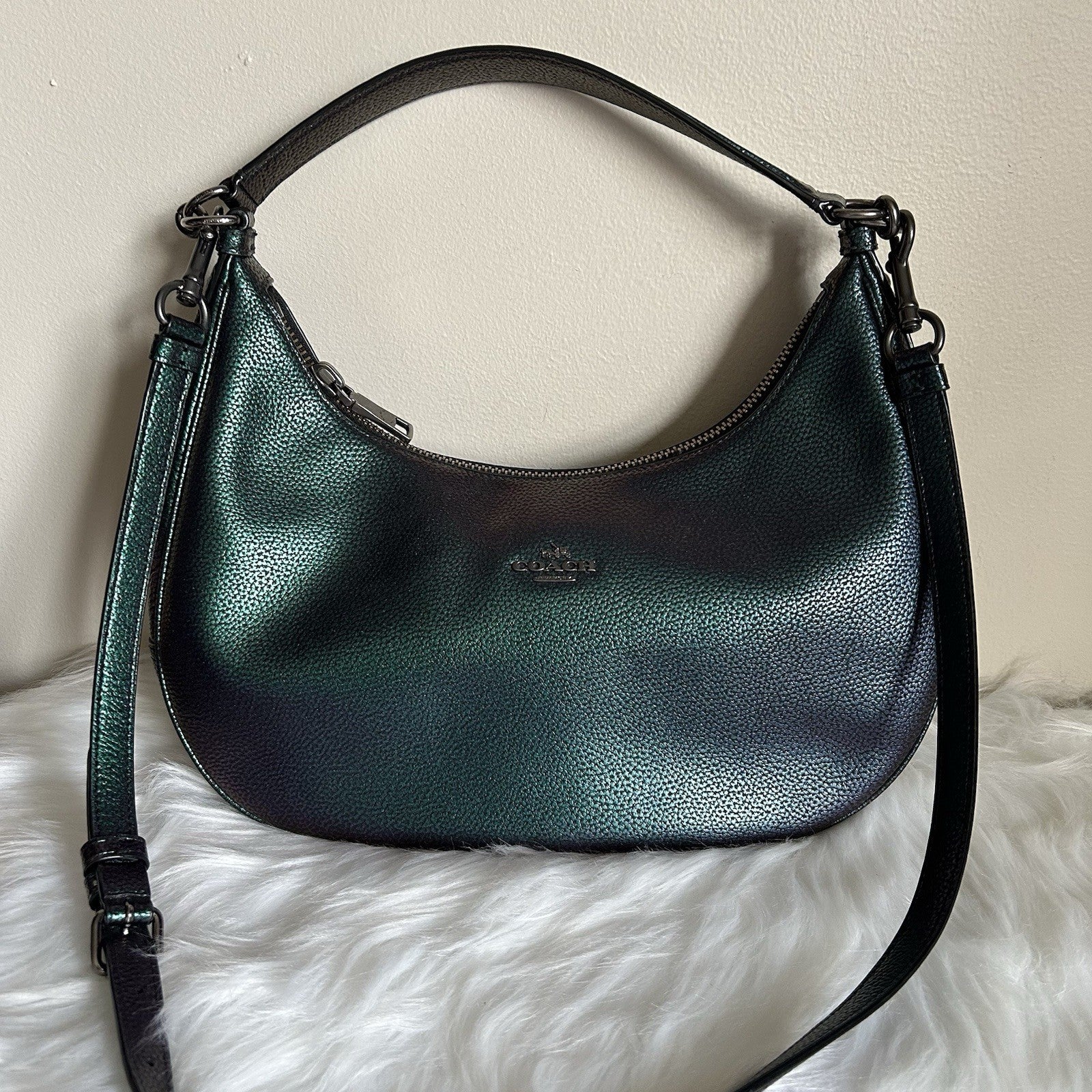 Coach Harley Iridescent Green Purple Pebbled Leather Shoulder Bag Excellent
