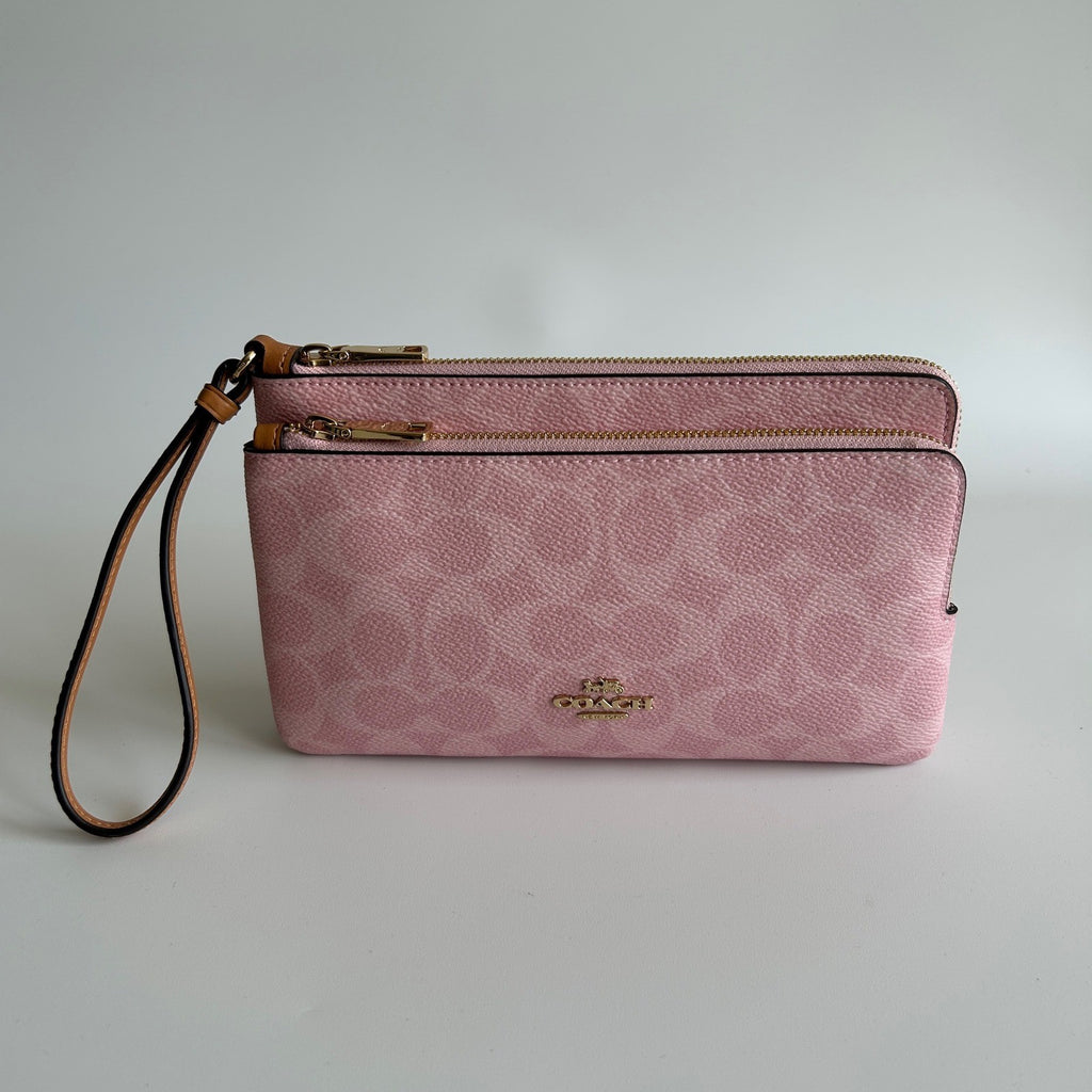 Coach CEF61 Powder Pink Signature Coated Canvas Double Zip Wristlet NEW
