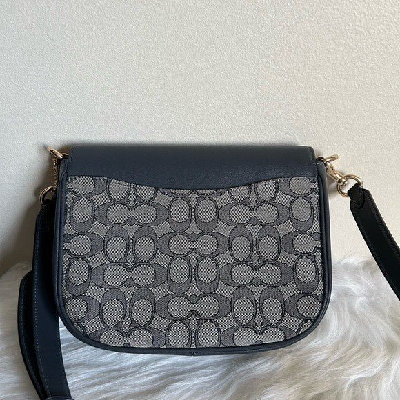 Coach Amelia Saddle Bag Navy Signature Canvas Leather Crossbody C3593 Excellent