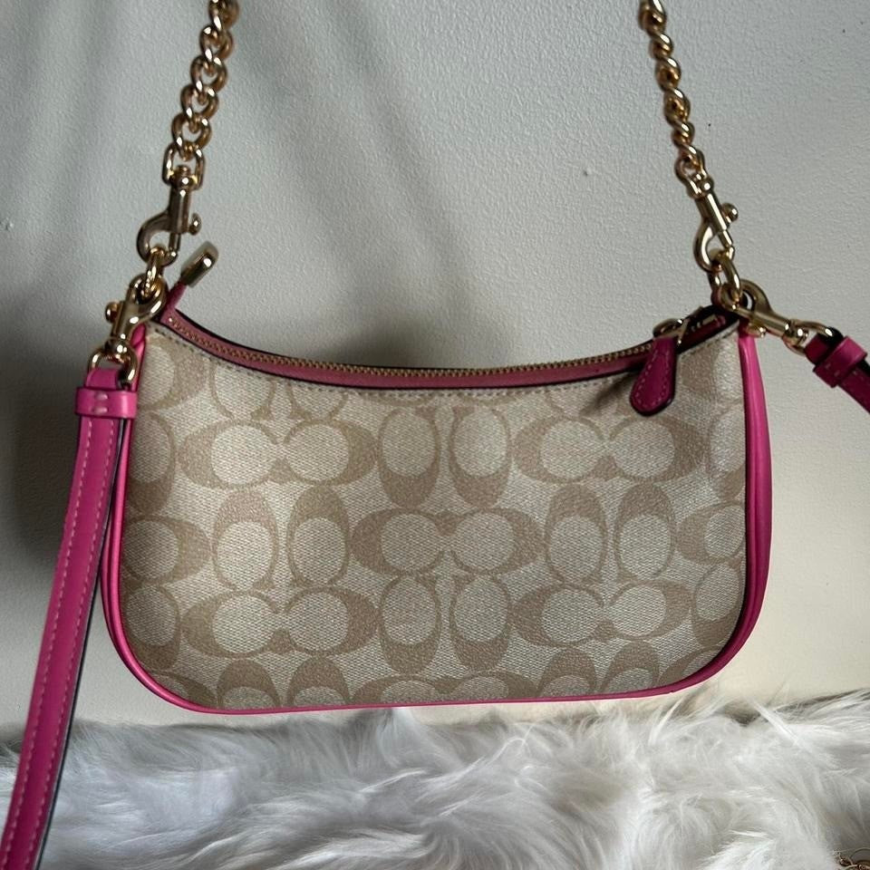 Coach Teri Khaki Electric Pink Signature Canvas Shoulder Bag Excellent