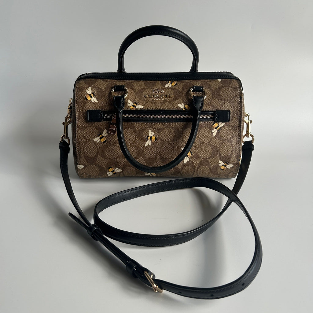Coach Rowan Satchel Brown Bee Print Signature Canvas Satchel Excellent