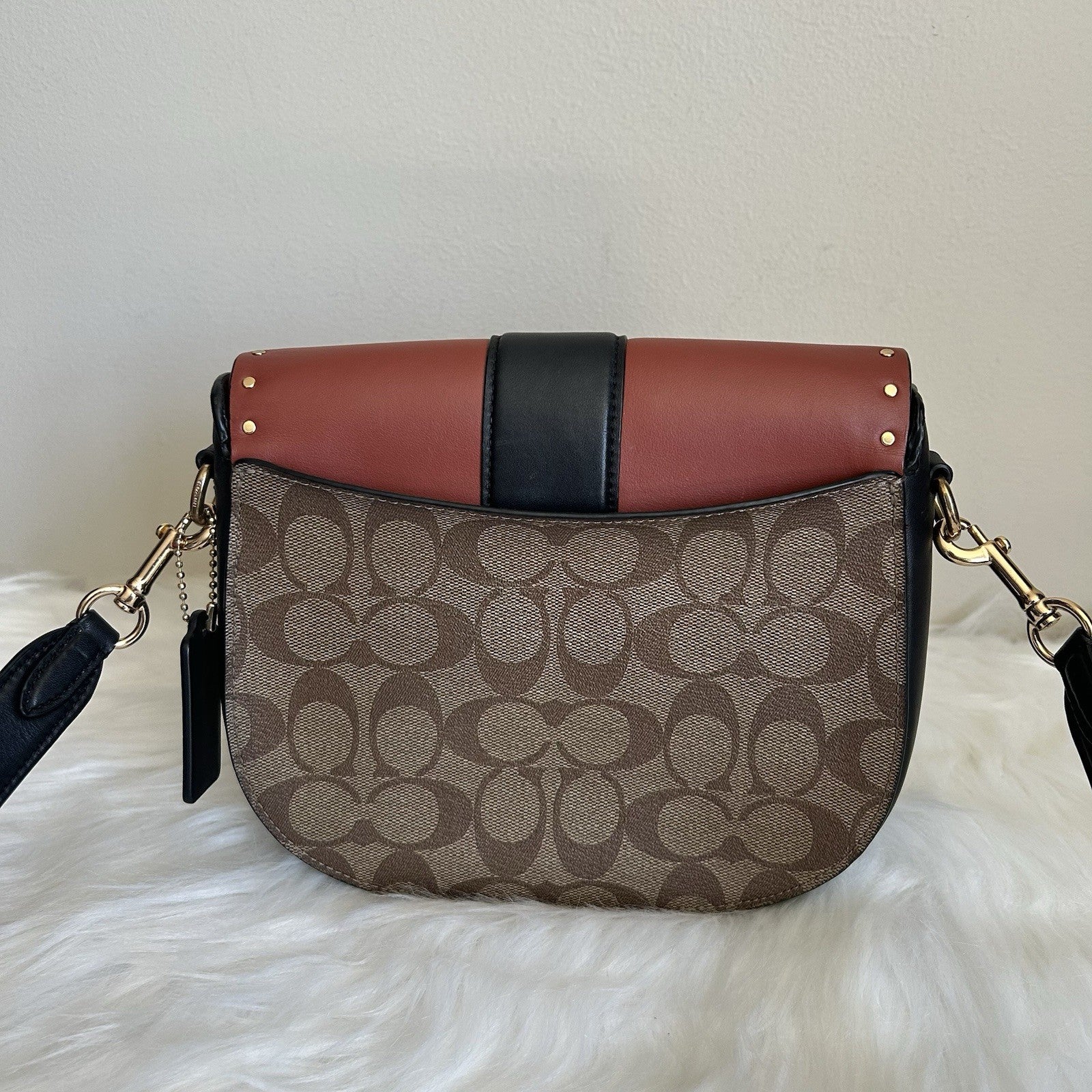 Coach Georgie Saddle Bag Brown Black Signature Canvas Leather Excellent