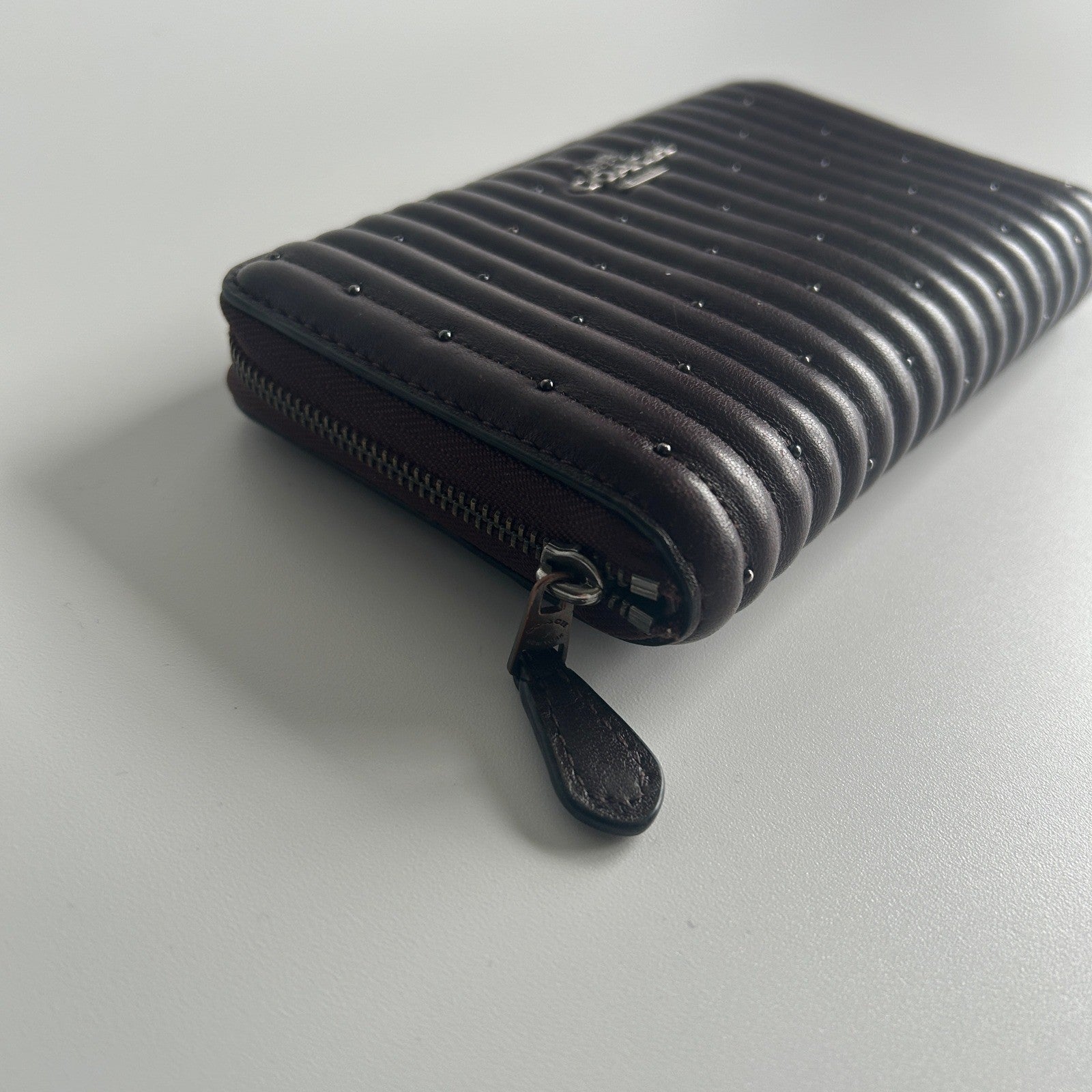 Coach Accordion Zip Plum Quilted Studded Leather Wallet Good