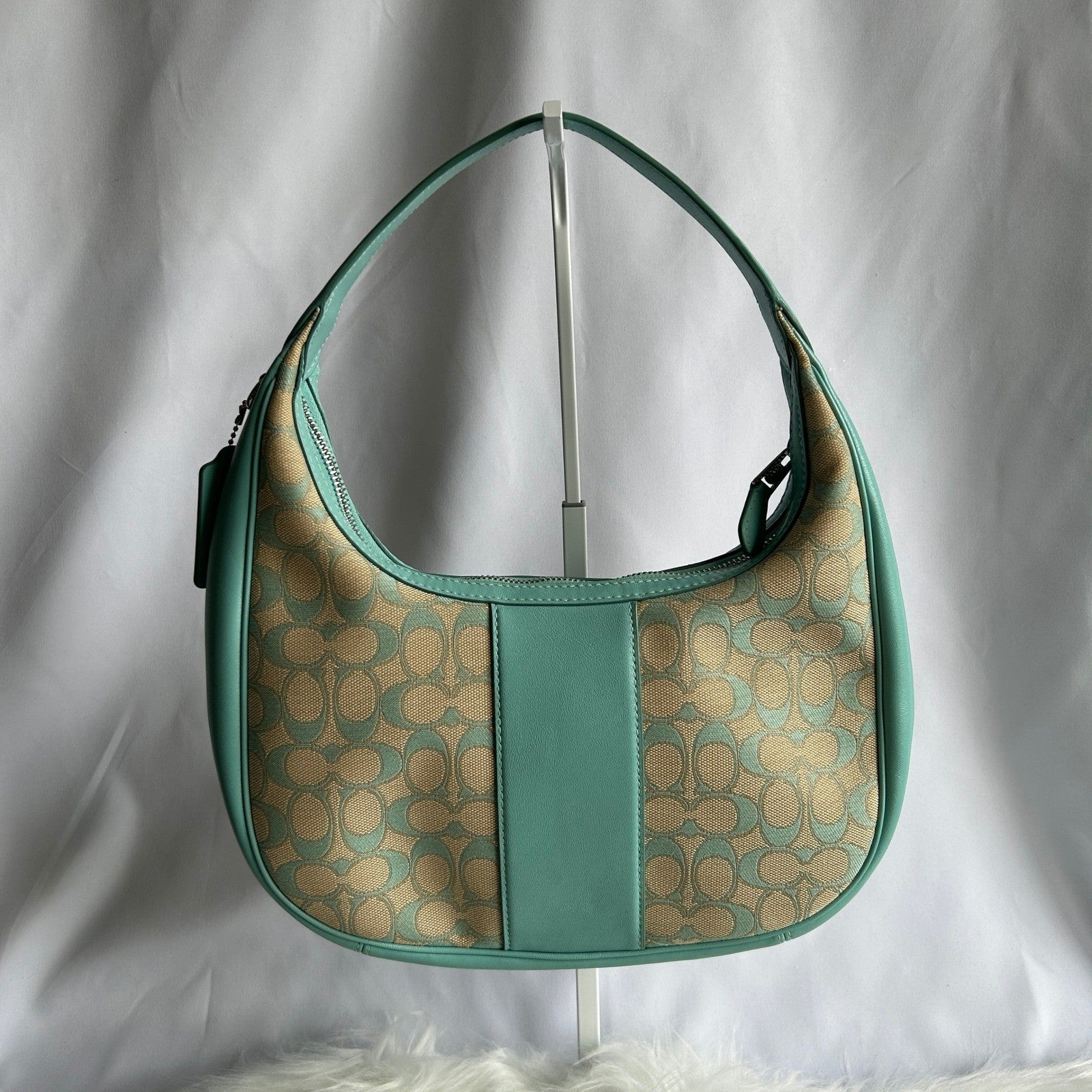 Coach Carmen Teal Khaki Signature Jacquard Leather Shoulder Bag CT765 Excellent
