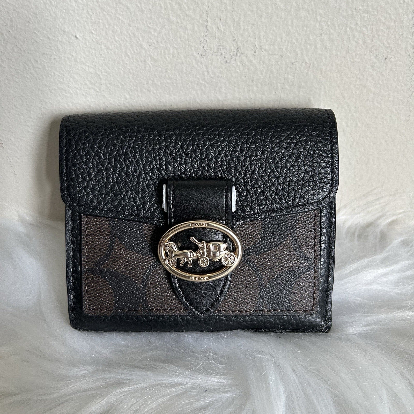 Coach Georgie Small Wallet Signature Canvas Pebble Leather Black Brown 7250 NEW