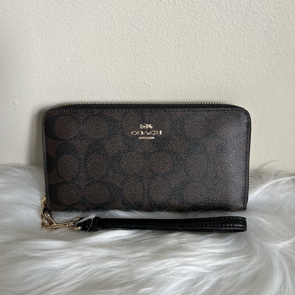 Coach Long Zip Around Wallet Brown Black Signature Canvas NEW