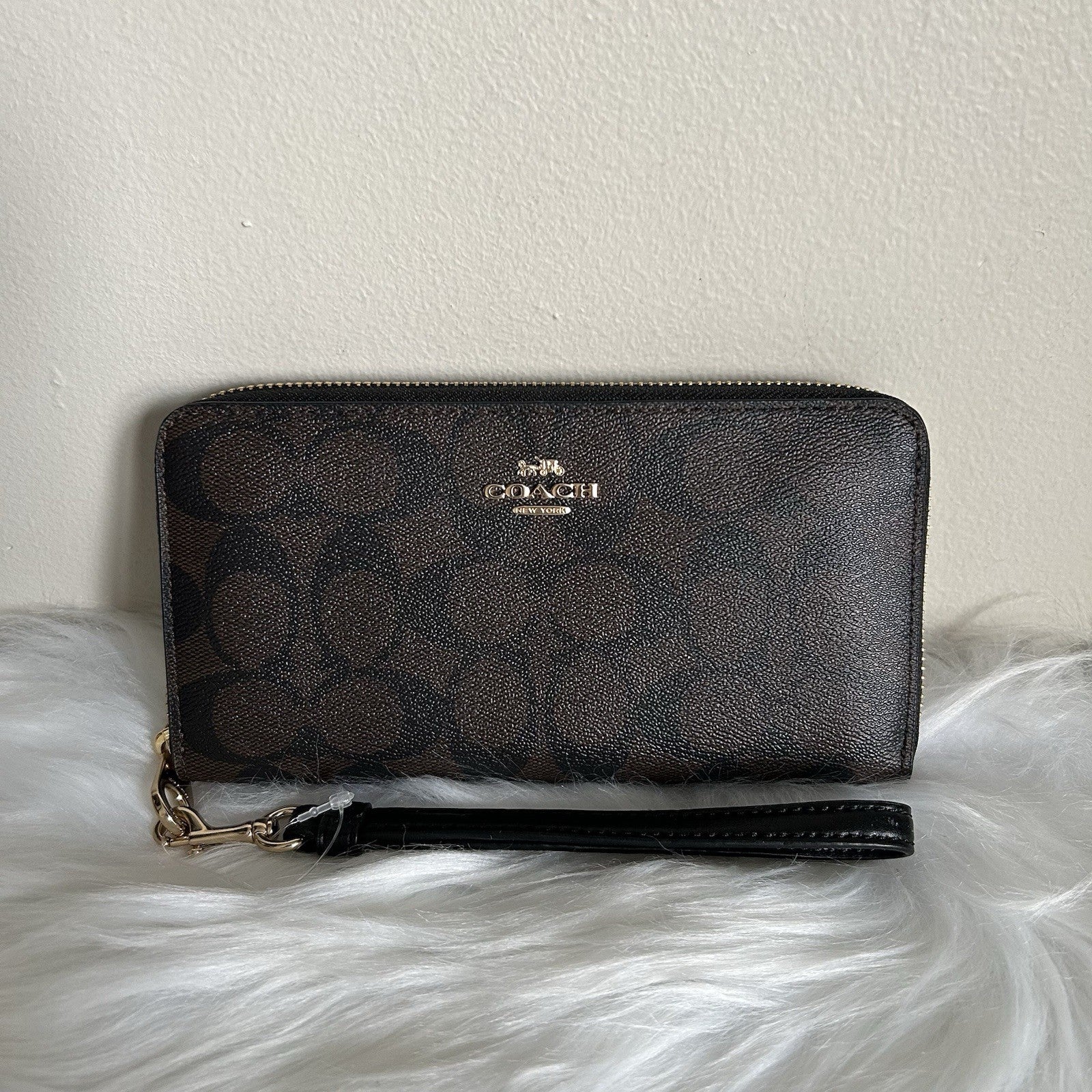 Coach Long Zip Around Wallet Brown Black Signature Canvas NEW