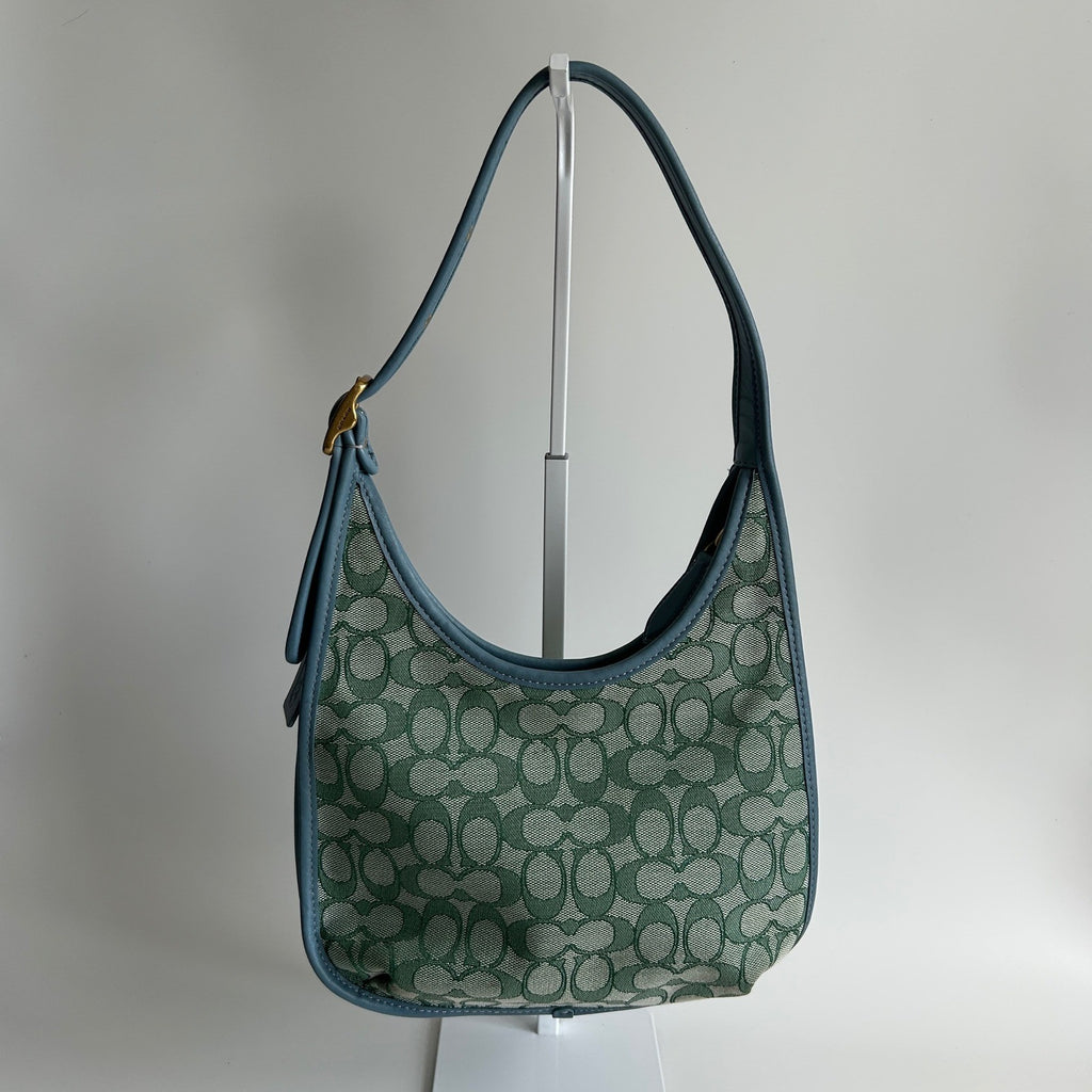 Coach Ergo C2588 Green Blue Signature Jacquard Leather Shoulder Bag Excellent