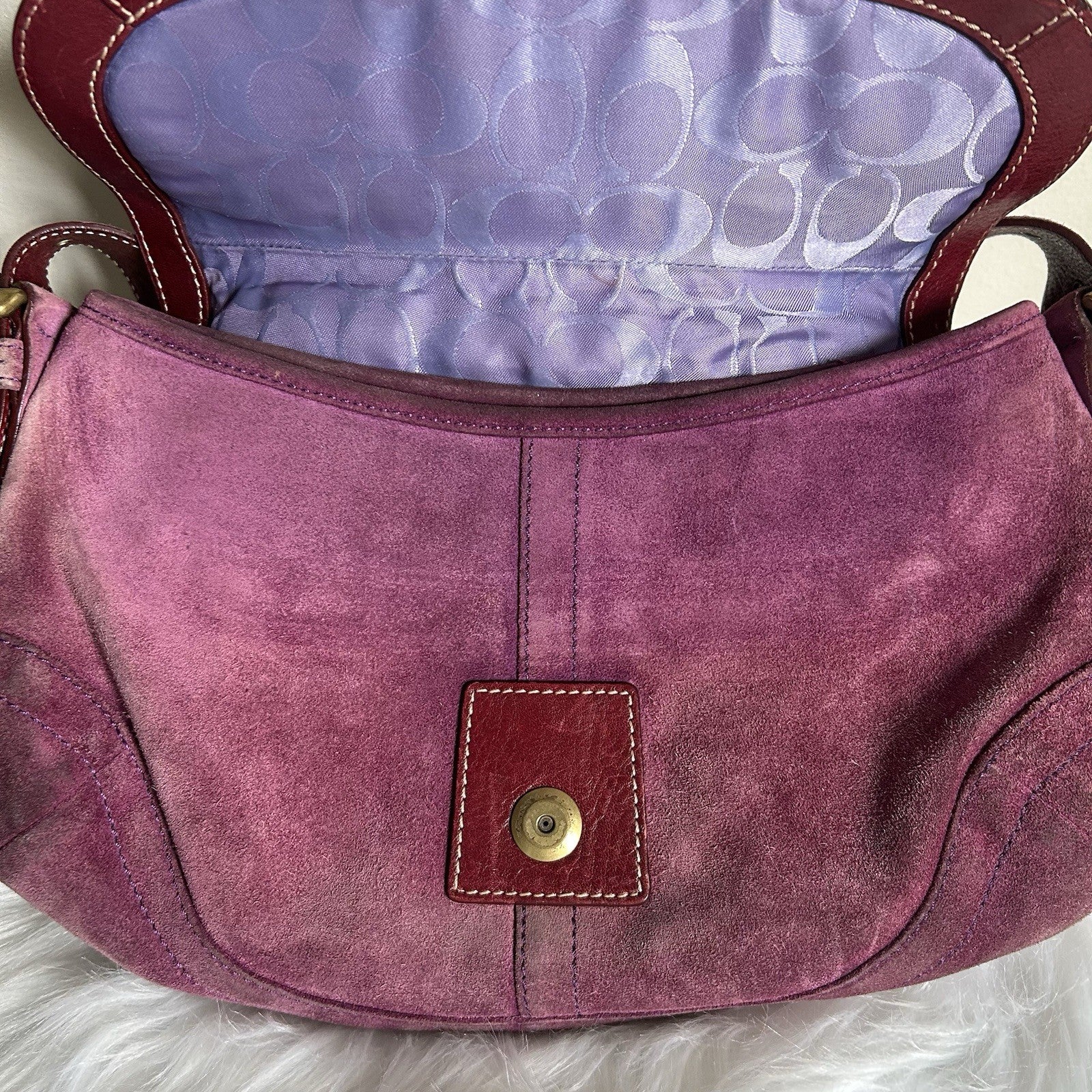 Coach Soho Plum Purple Suede Leather Buckle Flap Shoulder Bag 9688 Good