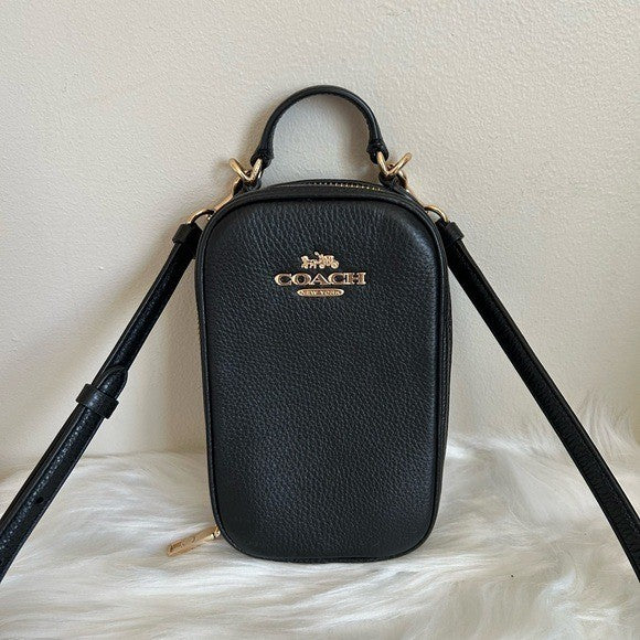 Coach Eva Phone Crossbody Black Pebbled Leather Bag Excellent