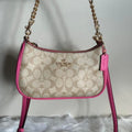 Coach Teri Khaki Electric Pink Signature Canvas Shoulder Bag Excellent