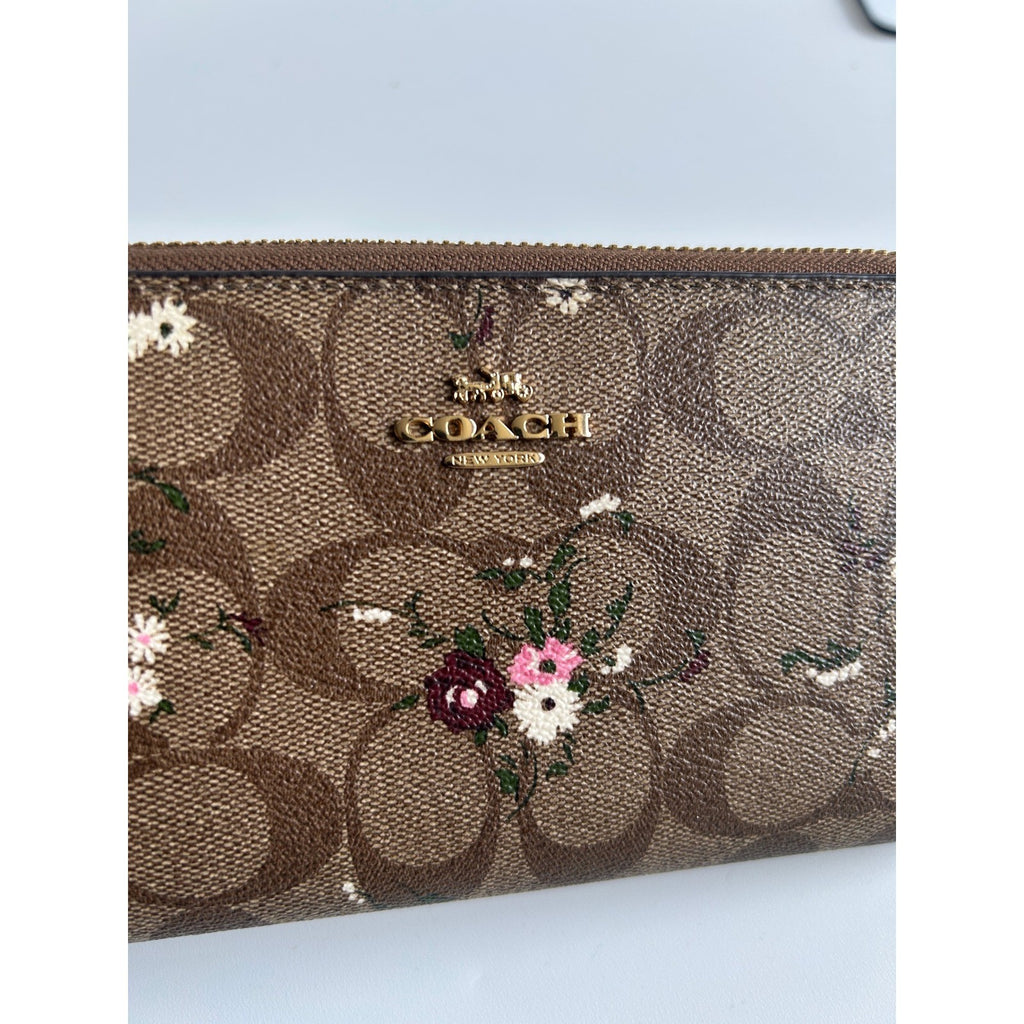 Coach Floral Signature Brown Pink Canvas Accordion Zip Wristlet Excellent