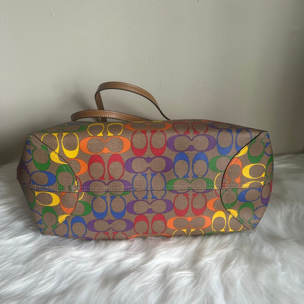 Coach Rainbow Signature Light Saddle Coated Canvas City Tote Bag NEW