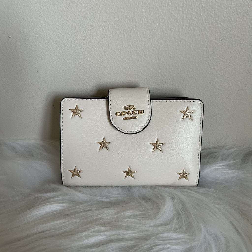 Coach Medium Corner Zip Wallet Chalk White Gold Glitter Star Bifold Leather