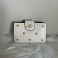 Coach Medium Corner Zip Wallet Chalk White Gold Glitter Star Bifold Leather
