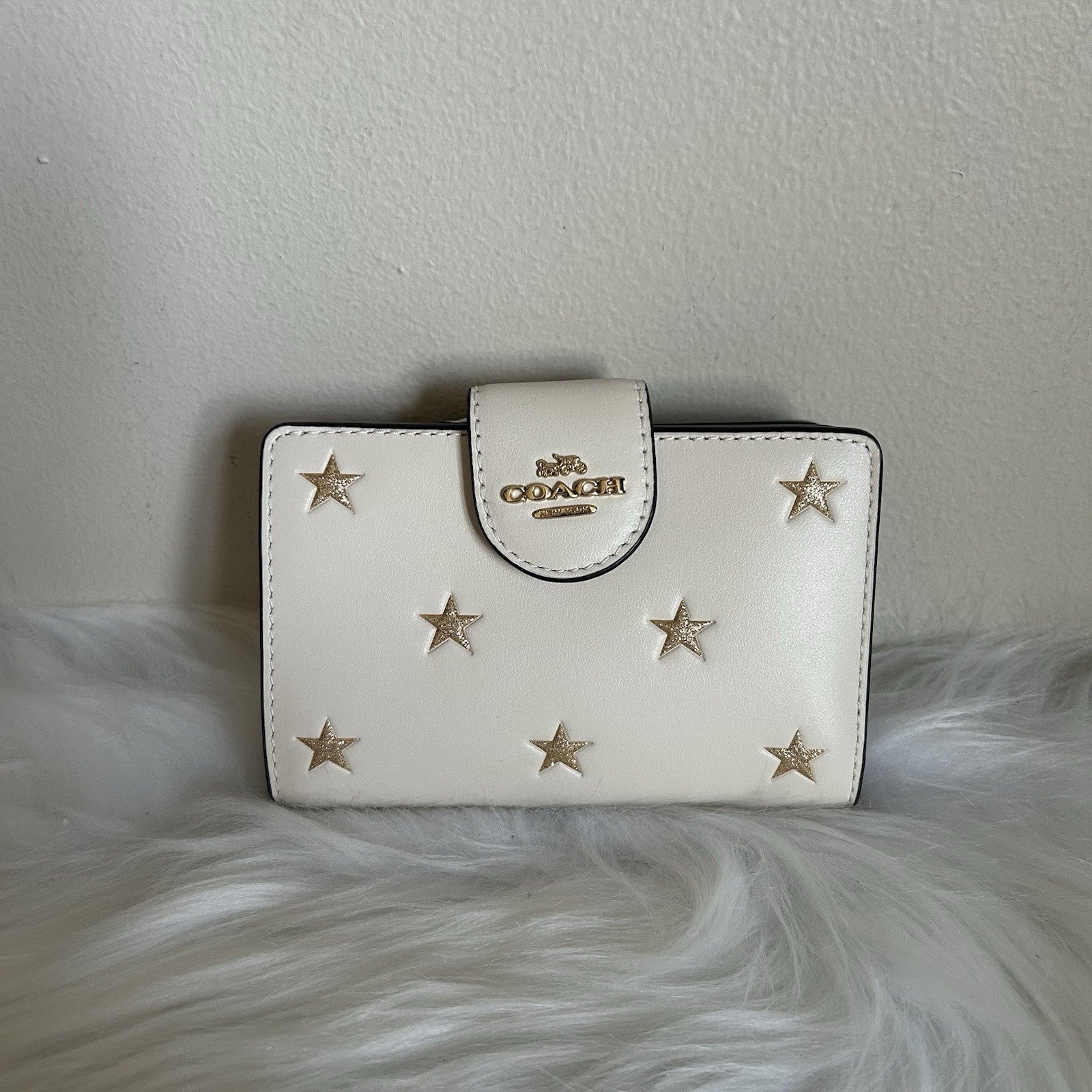 Coach Medium Corner Zip Wallet Chalk White Gold Glitter Star Bifold Leather