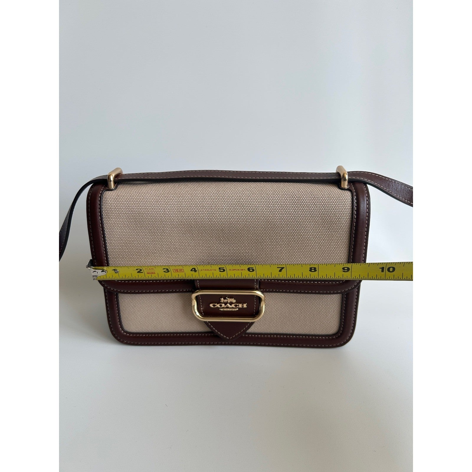Coach Morgan Burgundy Leather Beige Canvas Shoulder Bag CS191 Excellent