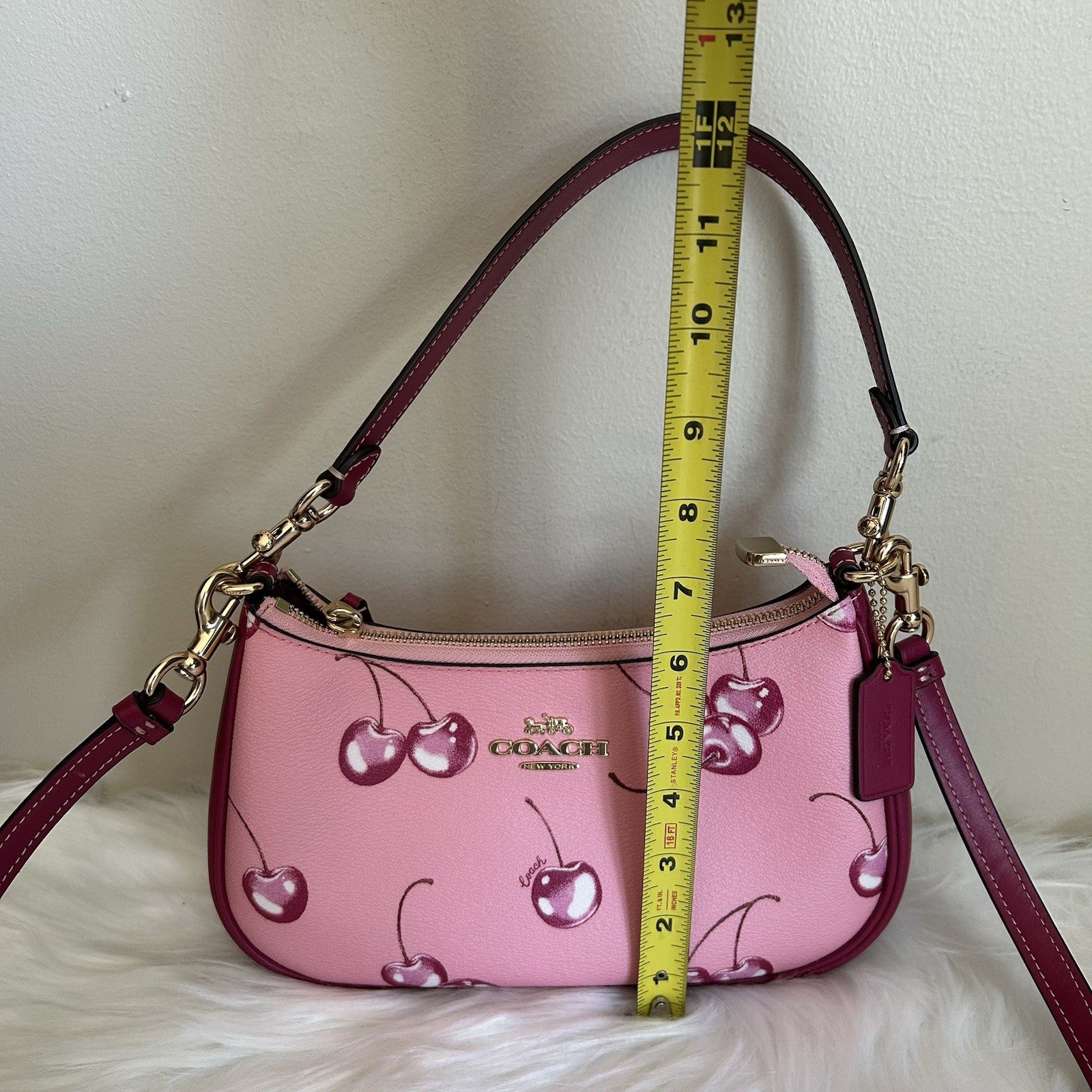 Coach Teri Cherry Print Pebbled Shoulder Bag Pink