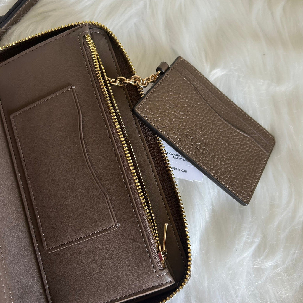 Coach Long Zip Around Wallet Dark Stone Pebbled Leather Wristlet NEW CBZ98