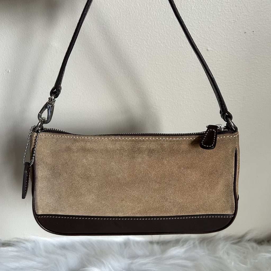 Coach Vintage Hampton Demi 7753 Tan Suede Brown Leather Baguette Bag Good