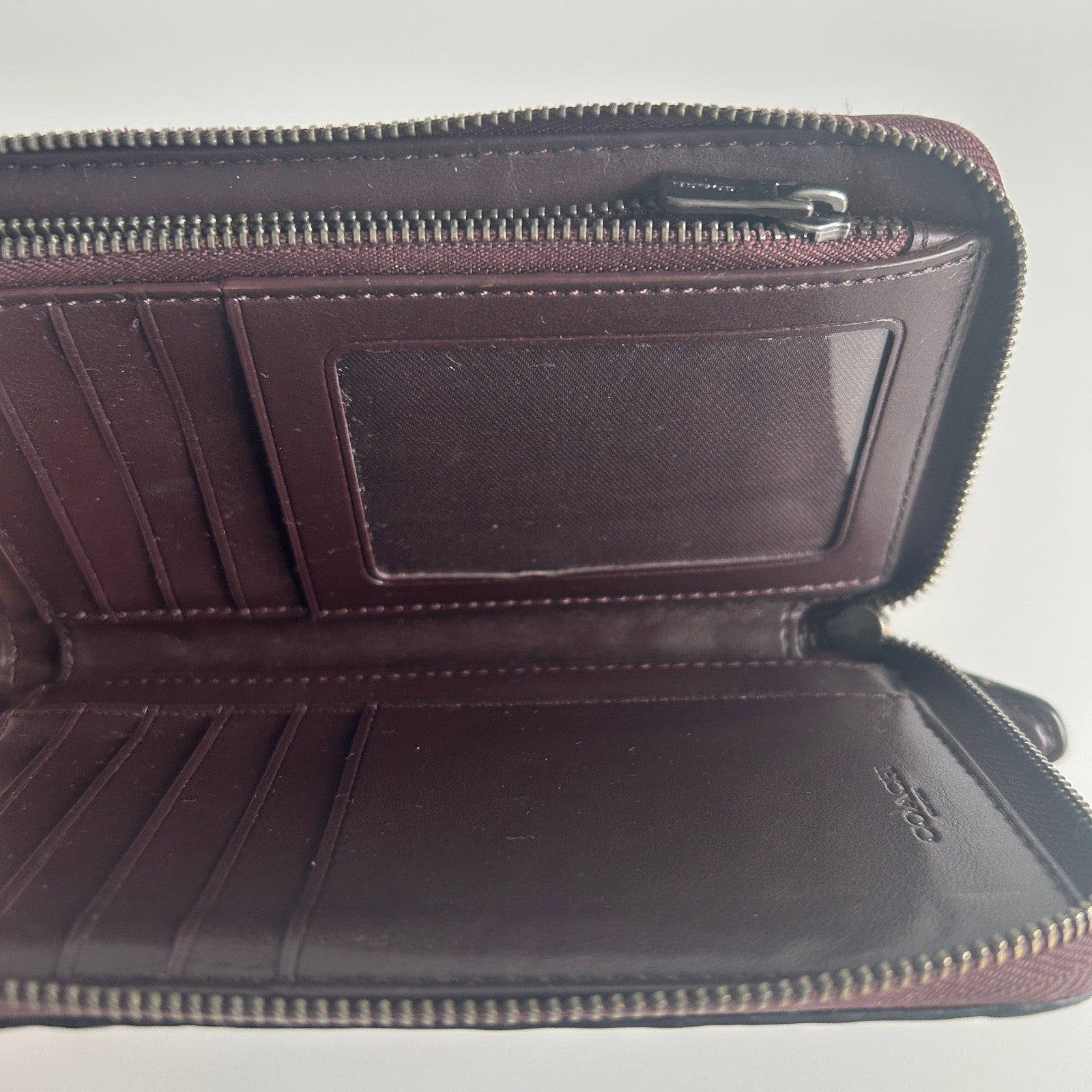 Coach Accordion Zip Plum Quilted Studded Leather Wallet Good