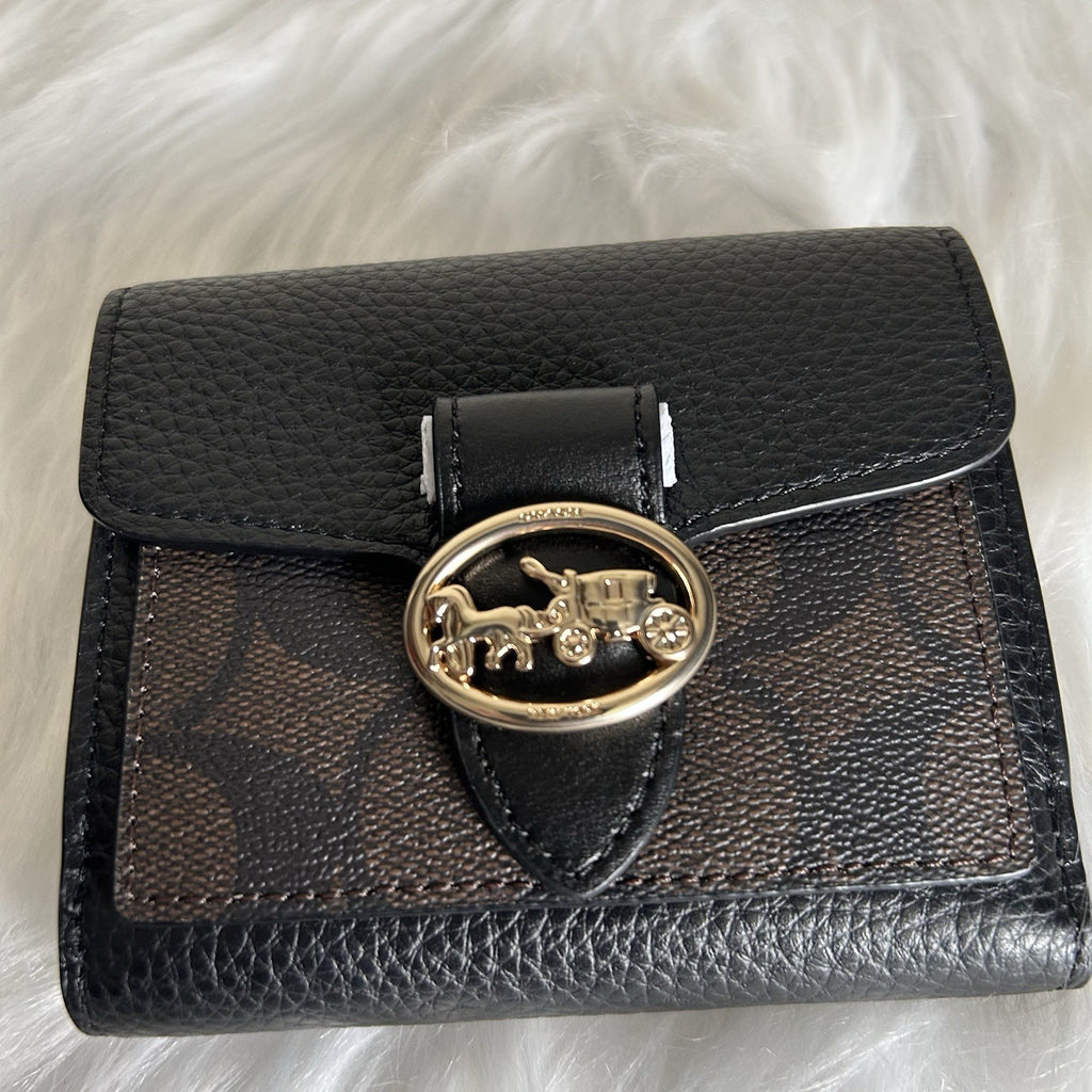 Coach Georgie Small Wallet Brown Black Signature Leather 7250 NEW