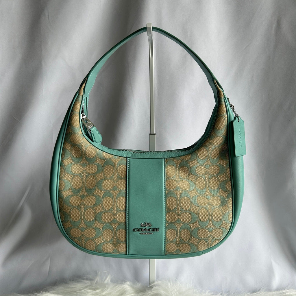 Coach Carmen Teal Khaki Signature Jacquard Leather Shoulder Bag CT765 Excellent