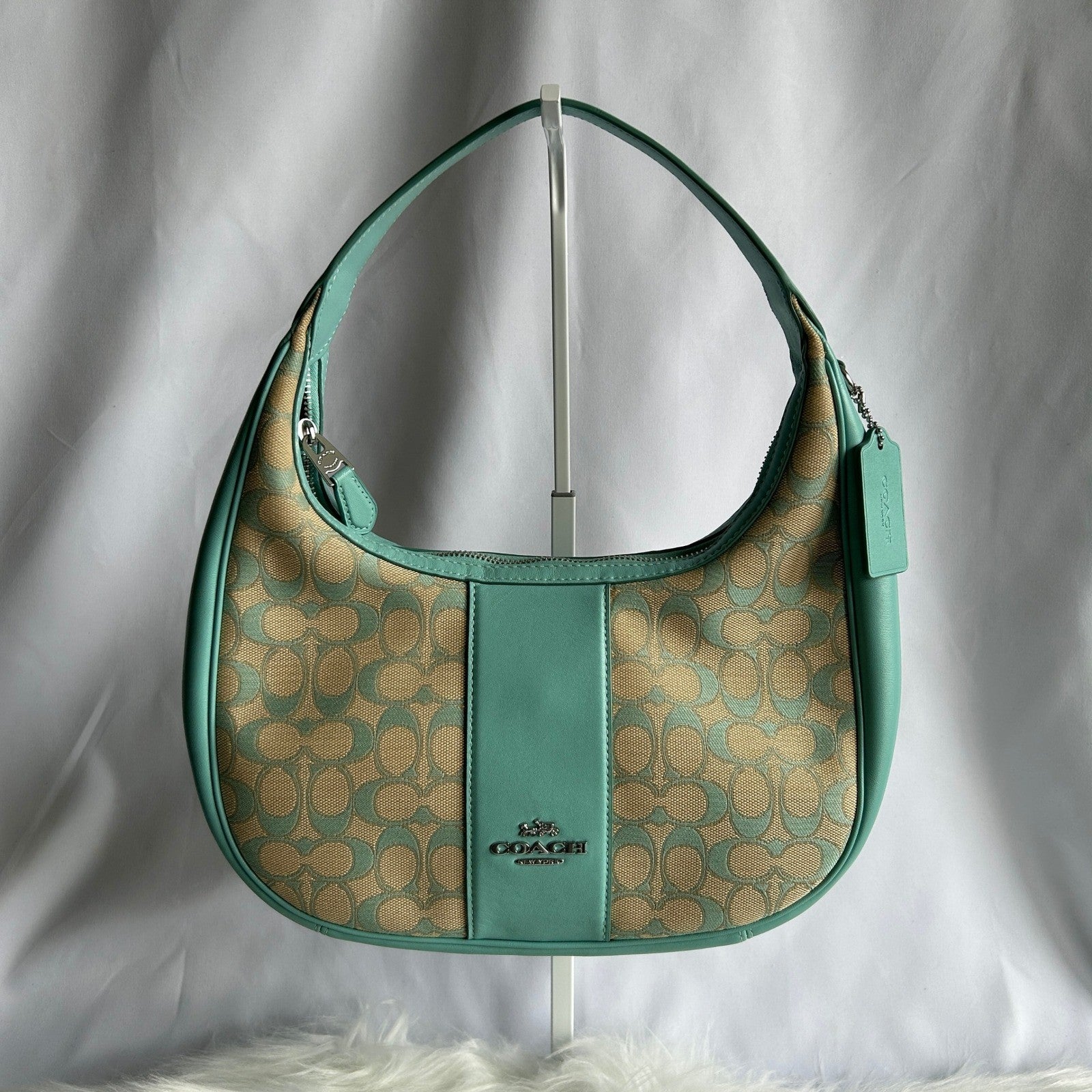 Coach Carmen Teal Khaki Signature Jacquard Leather Shoulder Bag CT765 Excellent