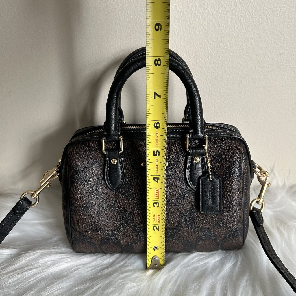 Coach Mini Rowan Brown Black Signature Canvas Leather Satchel Bag Excellent