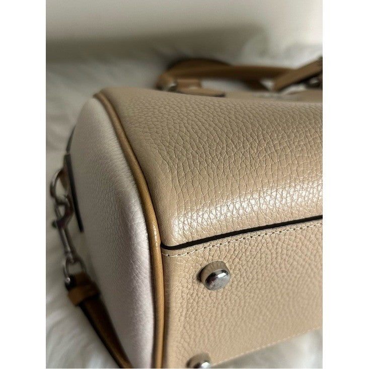 Coach Rowan Satchel Taupe Chalk White Pebbled Leather Bag Excellent