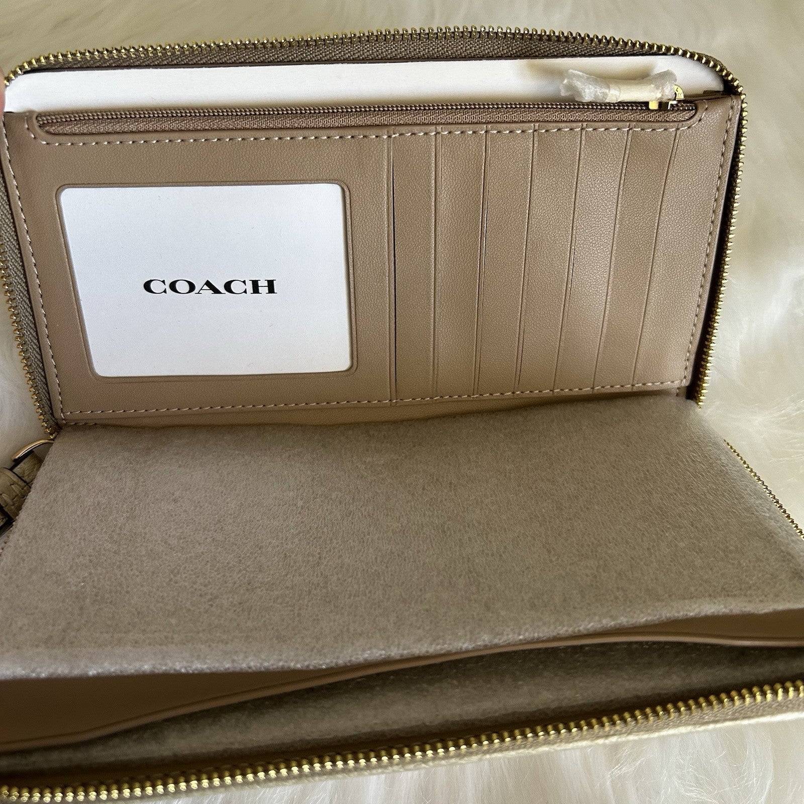 Coach Dempsey Large Phone Wallet Khaki Pink Metallic Gold Jacquard New