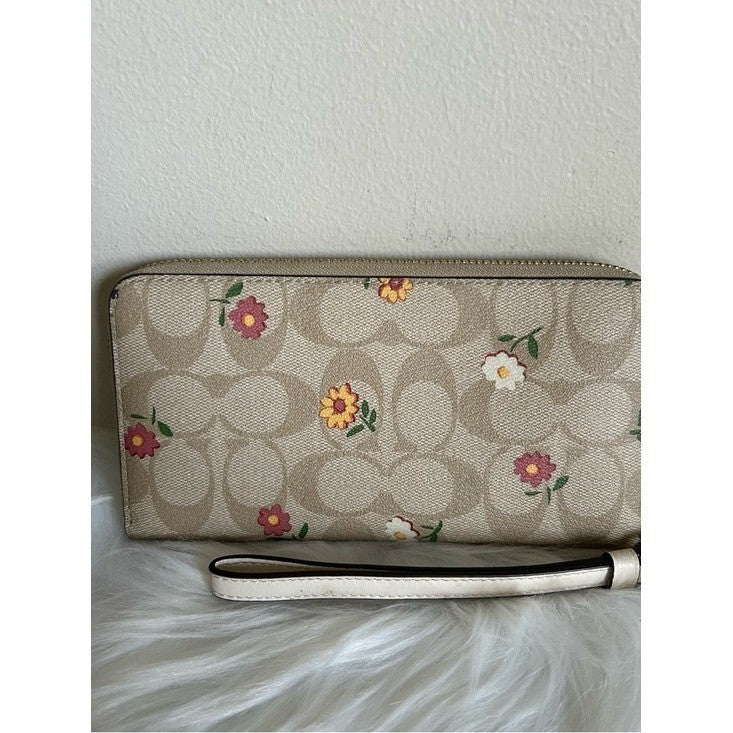 Coach Accordion Zip Khaki Floral Signature Canvas Wristlet Wallet Excellent