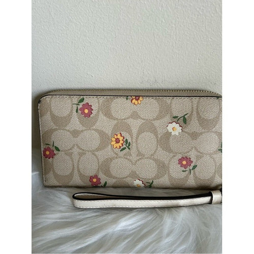 Coach Accordion Zip Khaki Floral Signature Canvas Wristlet Wallet Excellent