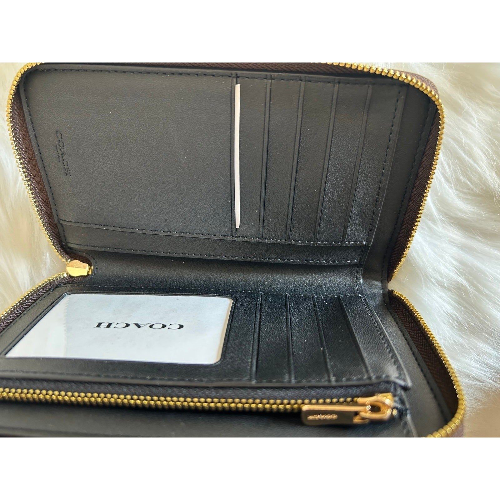 Coach Accordion Medium Zip Wallet Signature Canvas Brown Black Monogram F54630