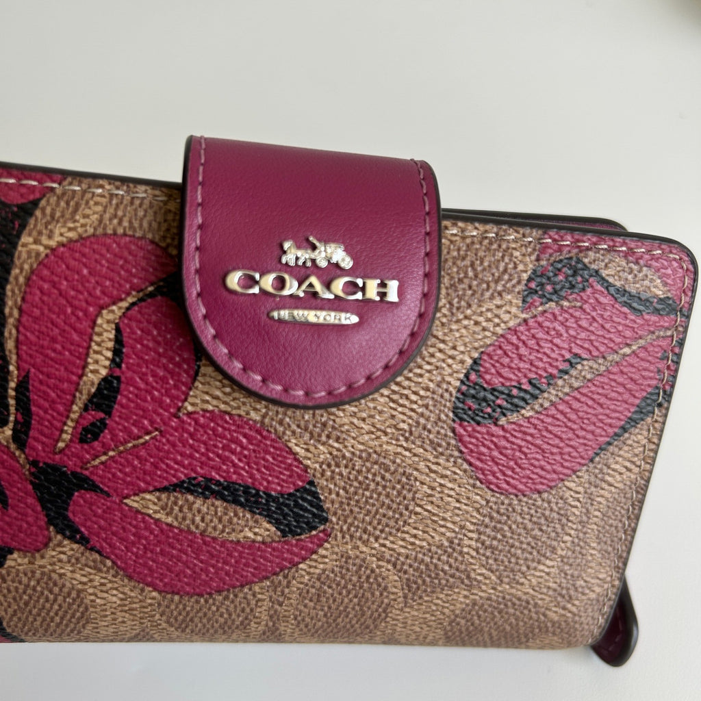 Coach Medium Corner Zip Wallet Khaki Fuchsia Floral Canvas Leather Excellent