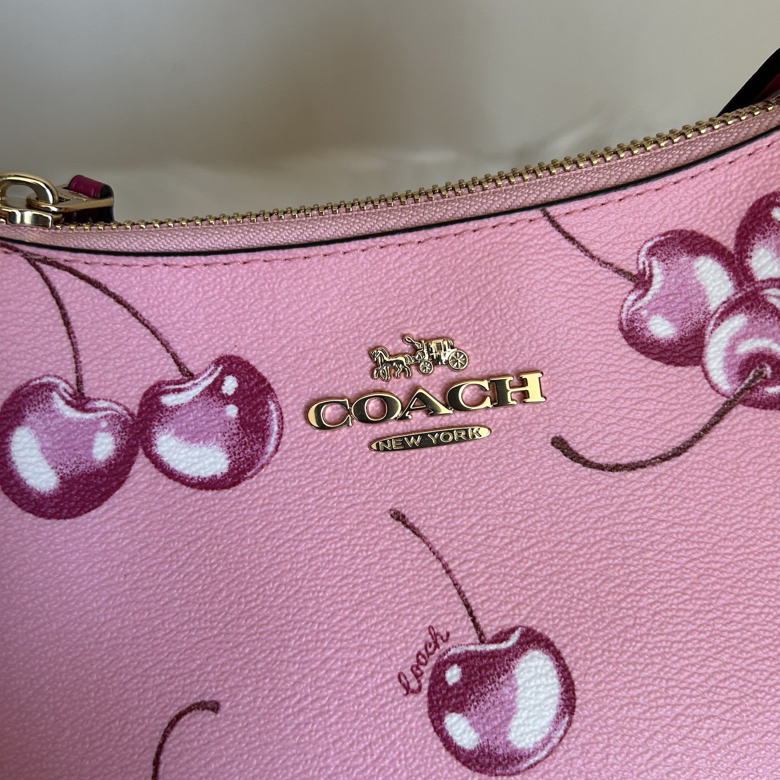 Coach Teri Cherry Print Pebbled Shoulder Bag Pink
