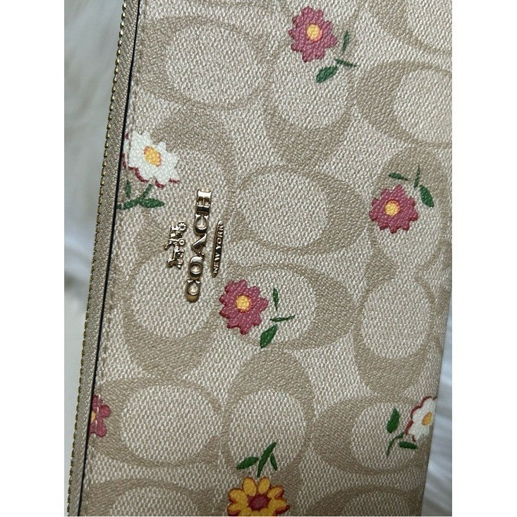 Coach Accordion Zip Khaki Floral Signature Canvas Wristlet Wallet Excellent