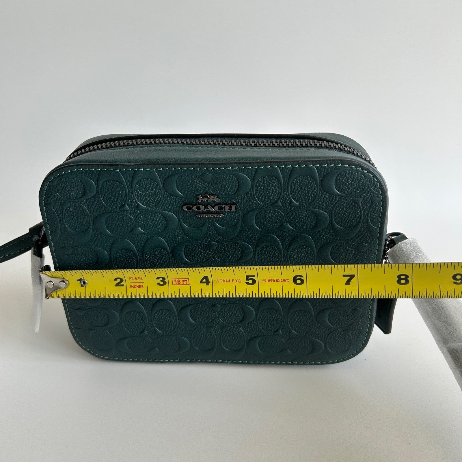 Coach Mini Jamie Forest Green Signature Debossed Leather Camera Bag NEW