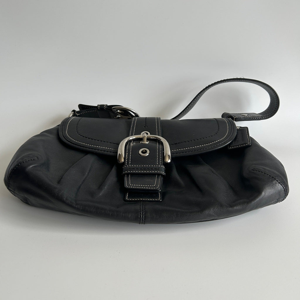 Coach Pleated Flap Black Leather Shoulder Bag F15204 Excellent