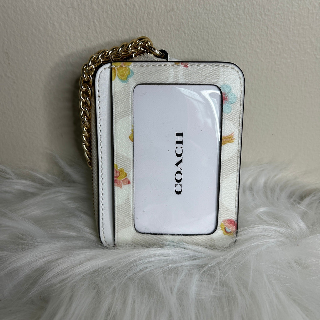 Coach Zip Card Case Chalk White Floral Signature Canvas Wallet Excellent