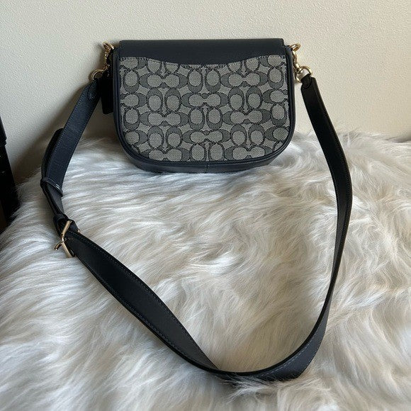 Coach Amelia Saddle Bag Navy Signature Canvas Leather Crossbody C3593 Excellent
