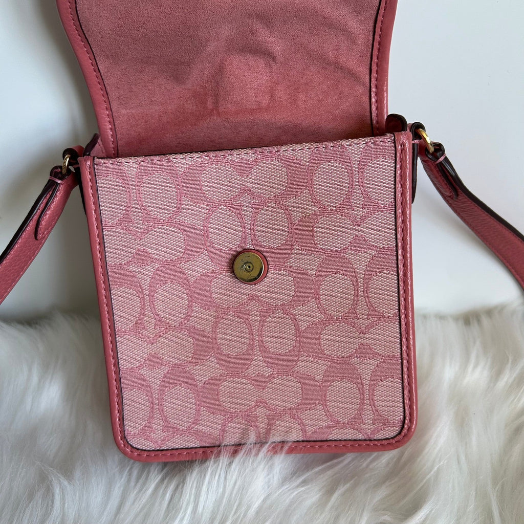 Coach North/South Lonnie Pink Signature Jacquard Leather Crossbody Bag Excellent