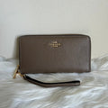 Coach Long Zip Around Wallet Dark Stone Pebbled Leather Wristlet NEW CBZ98
