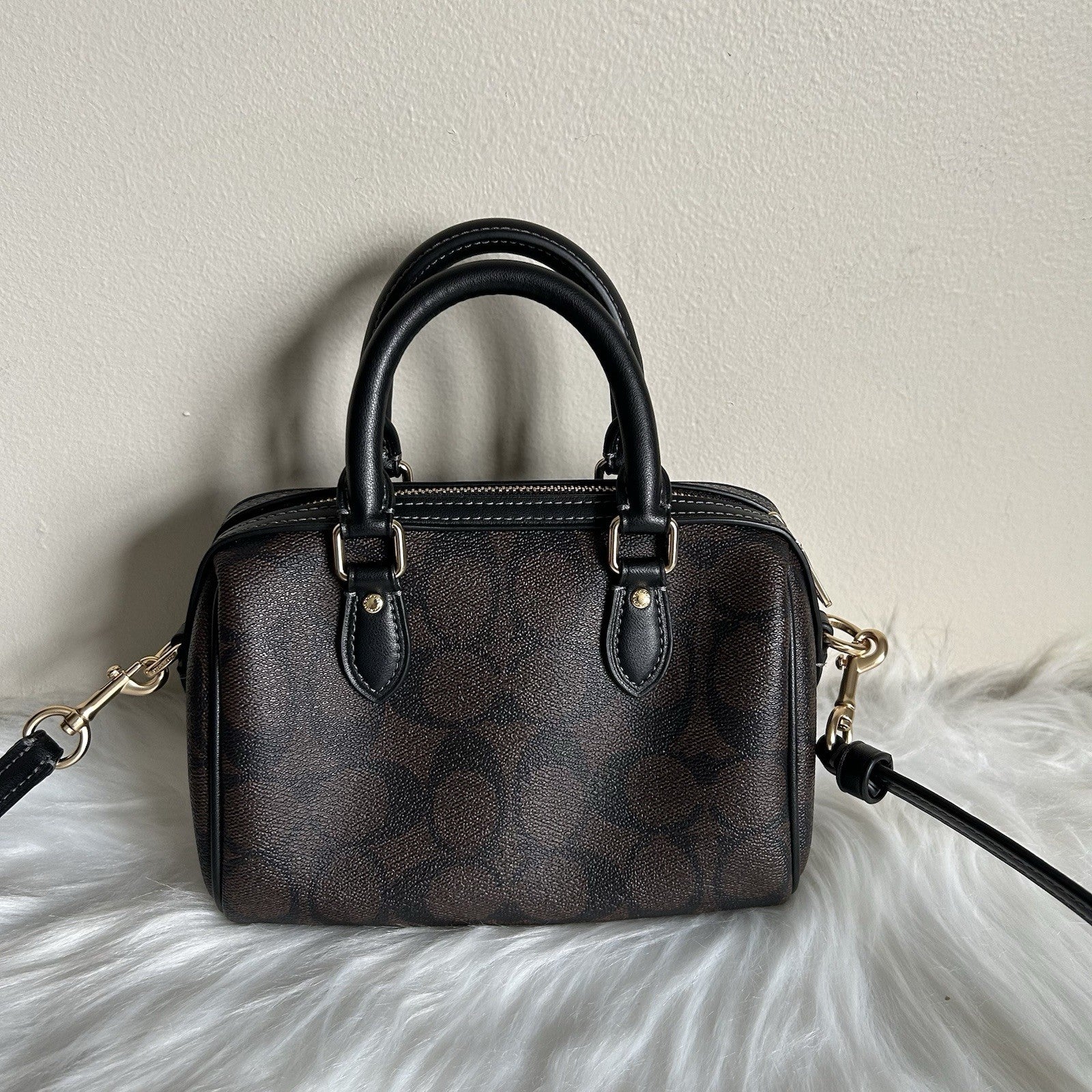 Coach Mini Rowan Brown Black Signature Canvas Leather Satchel Bag Excellent