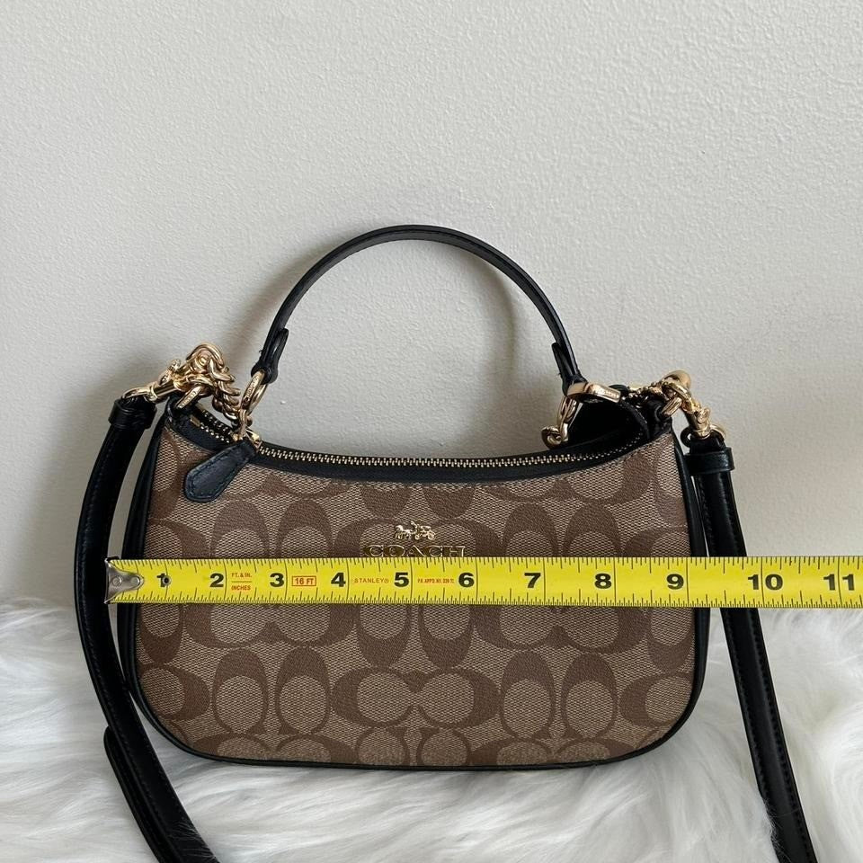 Coach Teri Hobo Khaki Signature Canvas Leather Shoulder Bag Excellent