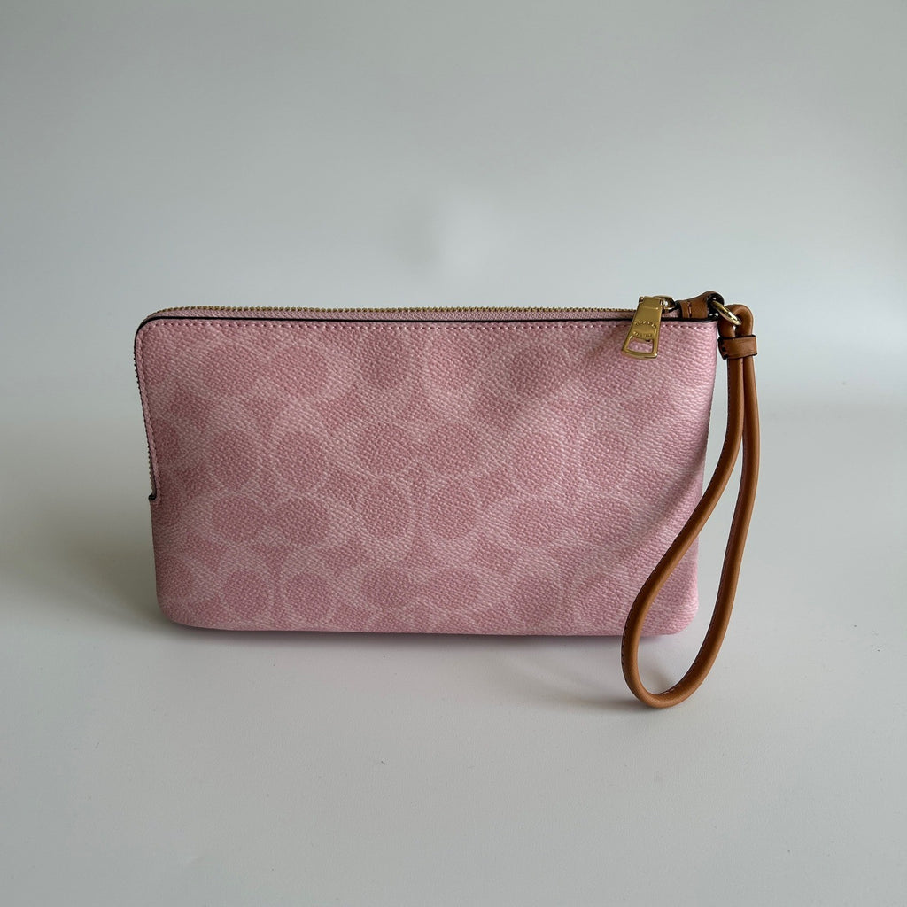 Coach CEF61 Powder Pink Signature Coated Canvas Double Zip Wristlet NEW